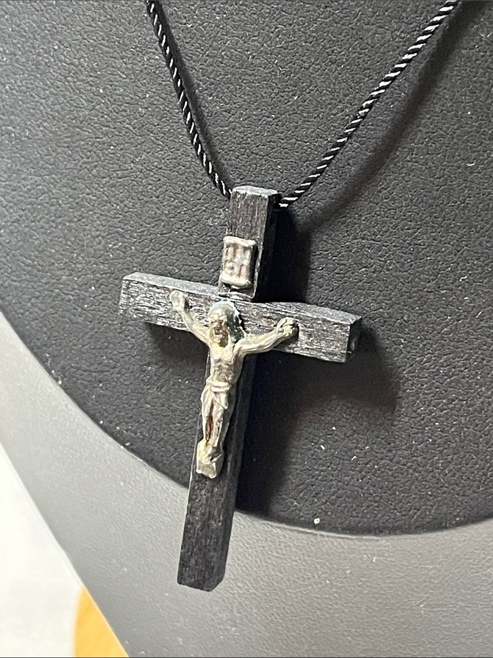 Wooden cross crucifix necklace on a black cord
Tie to length desired
